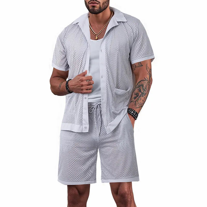 Beach Hawaii see-through cardigan and shorts suit in light grey for summer leisure wear