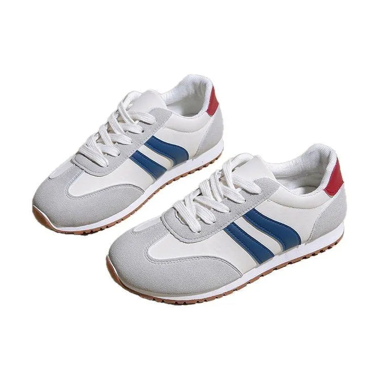 Blue and grey Cortez stripes leisure sports shoes with rubber sole and round toe.