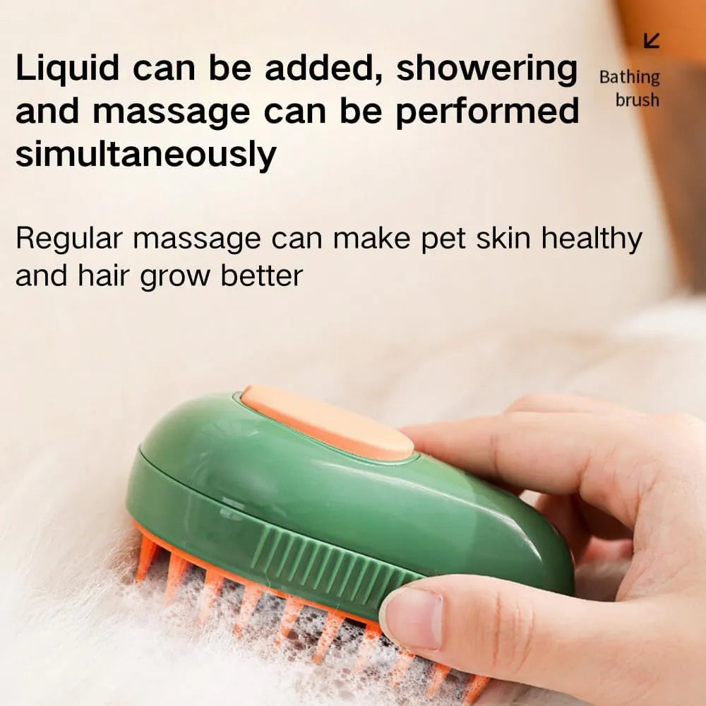 Green and white cat steam brush with water spray system and silicone teeth for pet grooming