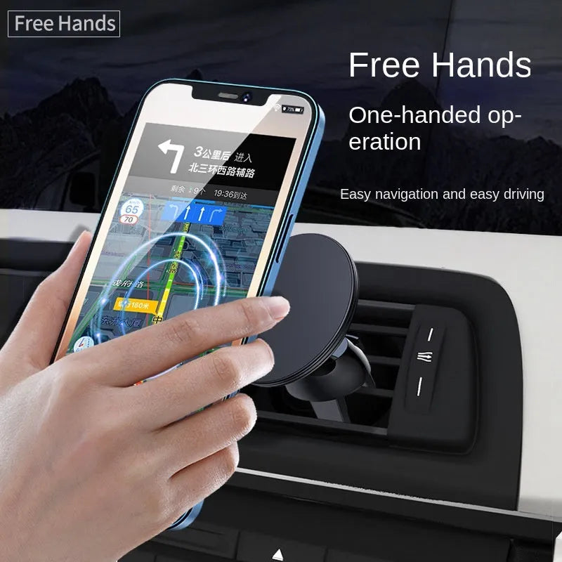 Black aluminium alloy magnetic car phone holder mounted on vehicle air vent