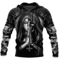 Black hooded sweatshirt with a large 3D white skull graphic in anime style on the front.