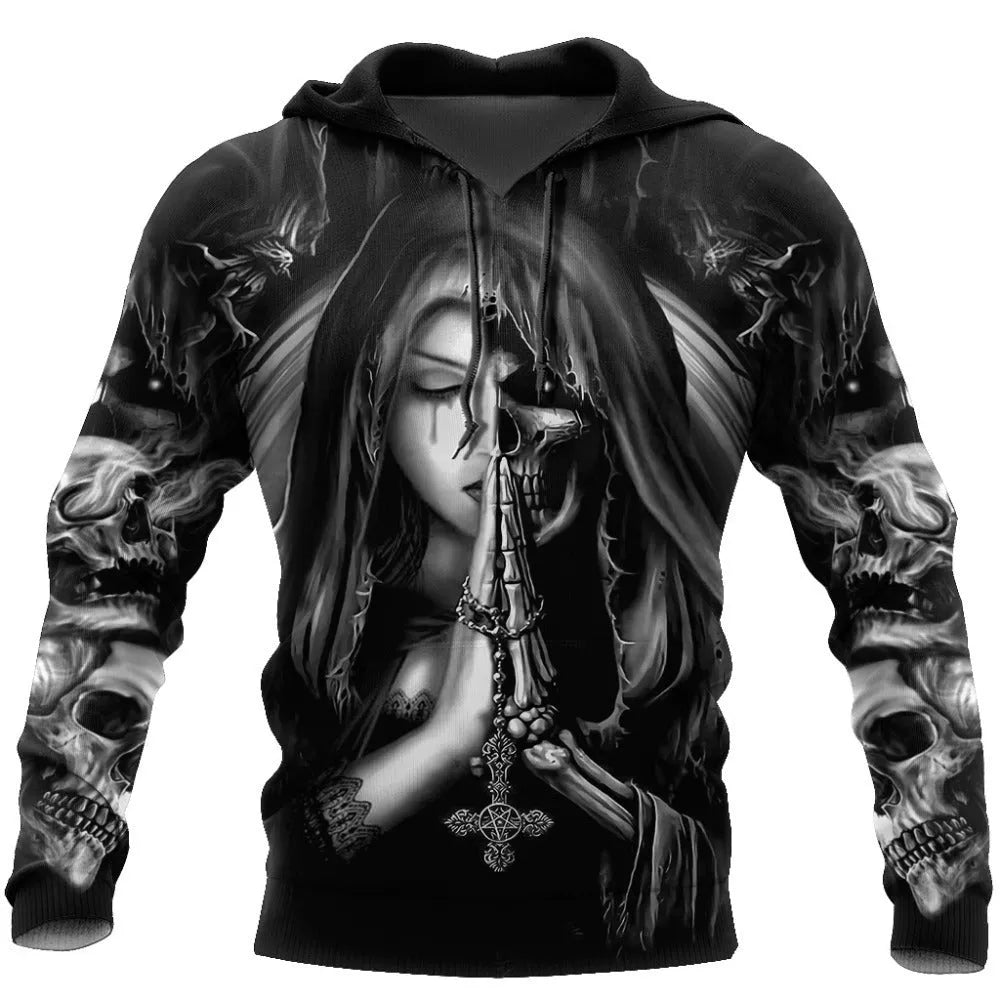 Black hooded sweatshirt with a large 3D white skull graphic in anime style on the front.