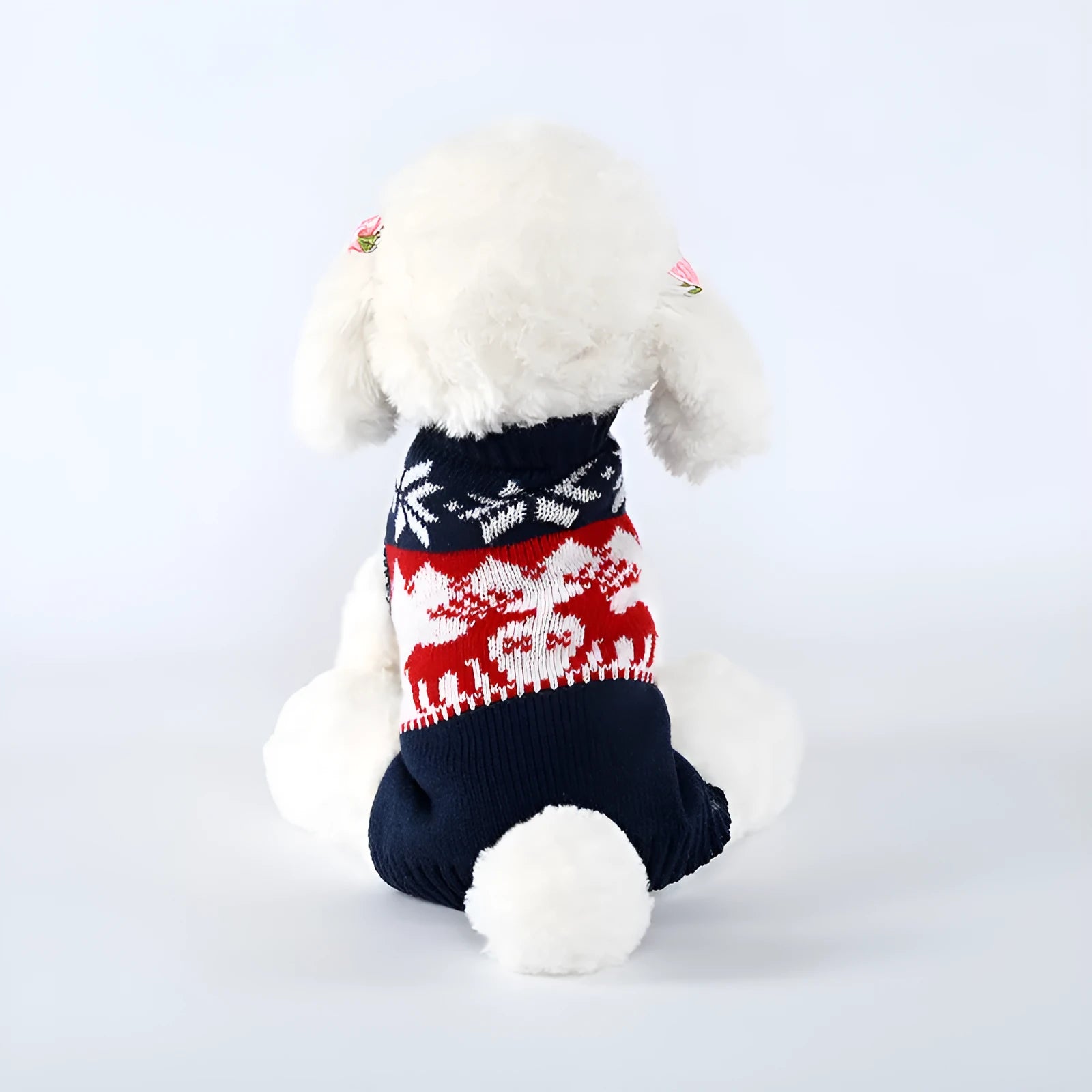 Navy blue knitted Christmas sweater for dogs in sizes XS, S, M, L