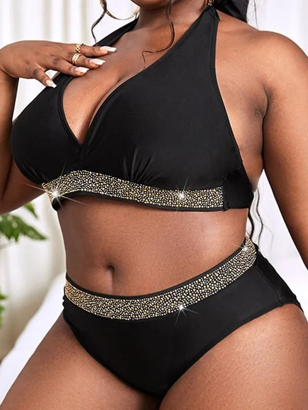 Black plus size women's two-piece polyester bikini swimsuit for swimming and hot spring use