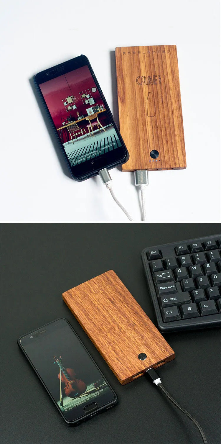 Wooden handicraft 8000mAh power bank with USB ports on slim 12mm body