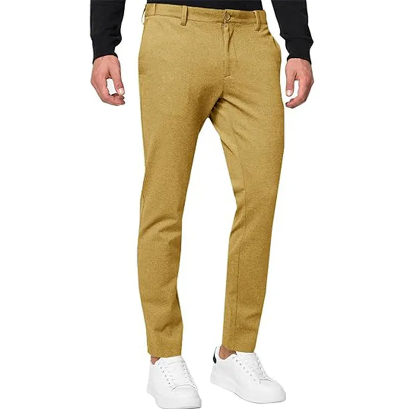 Men's slim-fit tapered chino trousers in a cotton blend fabric shown in a solid colour.