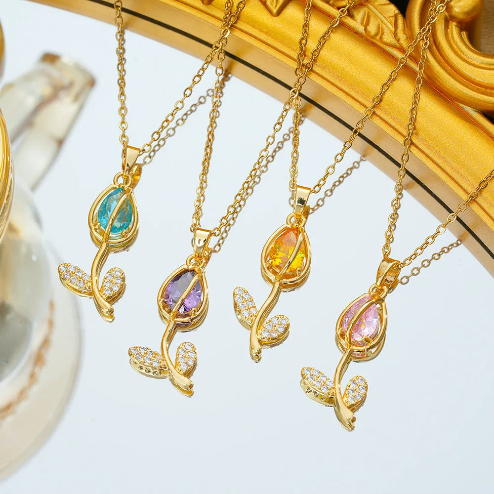 Zircon tulip necklace with titanium steel chain and gold flower pendant on adjustable O-ring