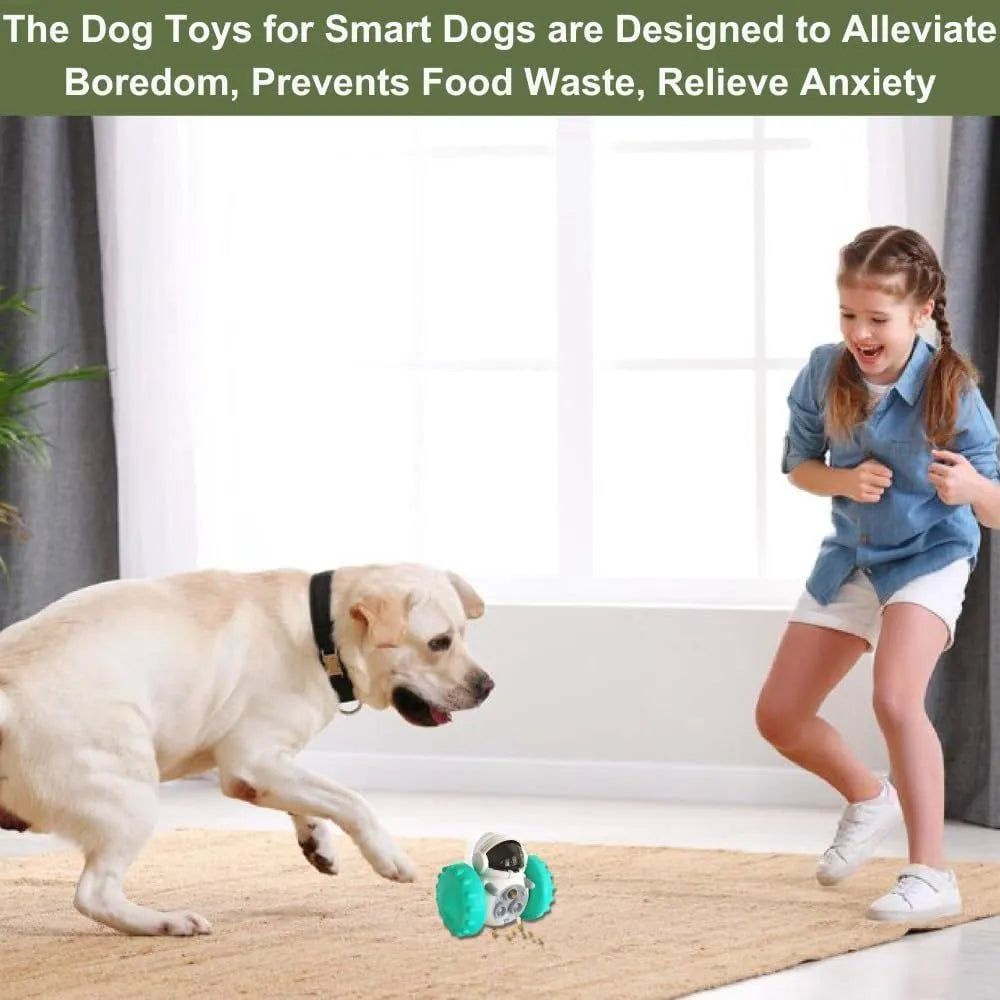 Robot-shaped treat dispenser tumbler toy for small dogs and cats in assorted colours.