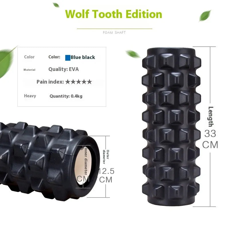 Black handheld foam massage roller bar with six white textured gear pieces on a 33cm shaft.