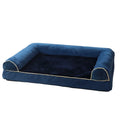 Square cloth dog bed with sponge filling shown in blue, available in multiple sizes for small to large dogs.