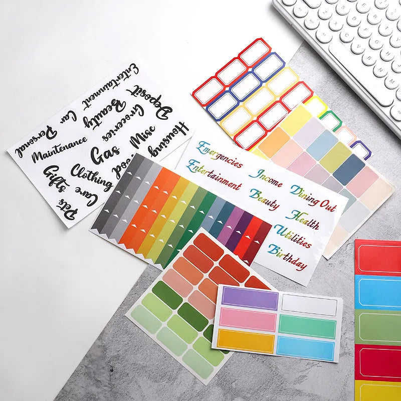 Handwritten label stickers showing multiple grid formats, A6 ruler versions, and coloured sticky notes on white background
