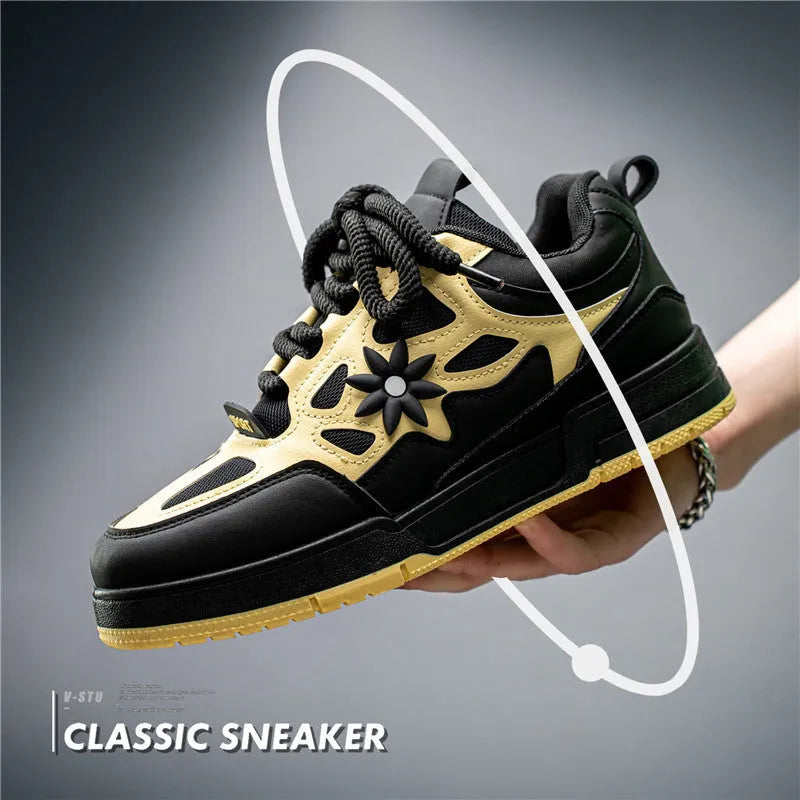 Men's Korean style bread shoes with belt decoration colour blocking and leather stitching in black