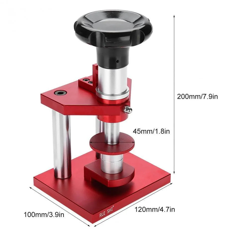 Watch repair spiral cap presser device with set of 20 plastic molds for back covers