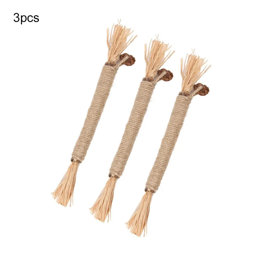 3 natural silvervine dental sticks for cats with sisal rope and raffia, thick and fine diameter options