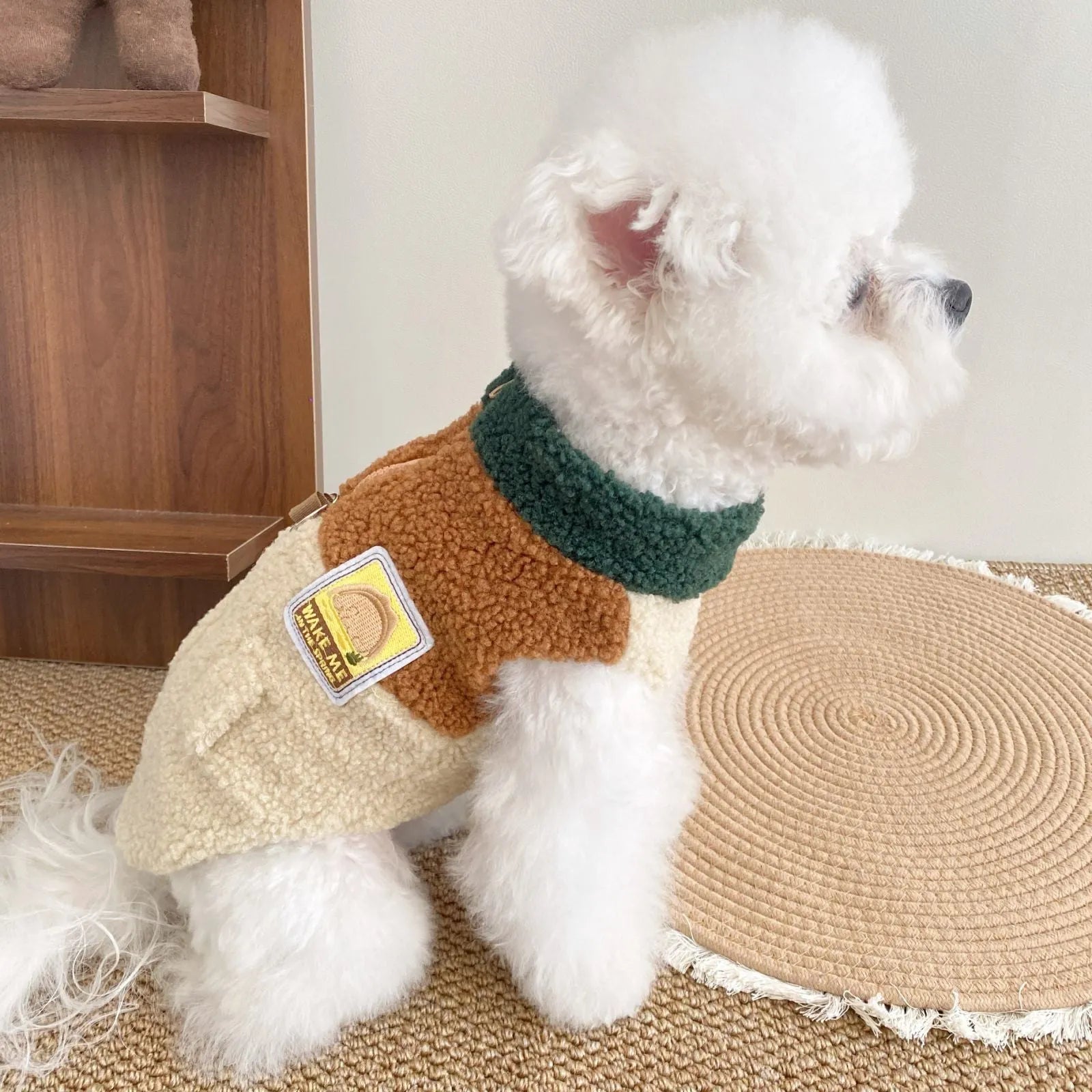 Lomi Brown denim style polyester dog traction vest coat on a small breed dog