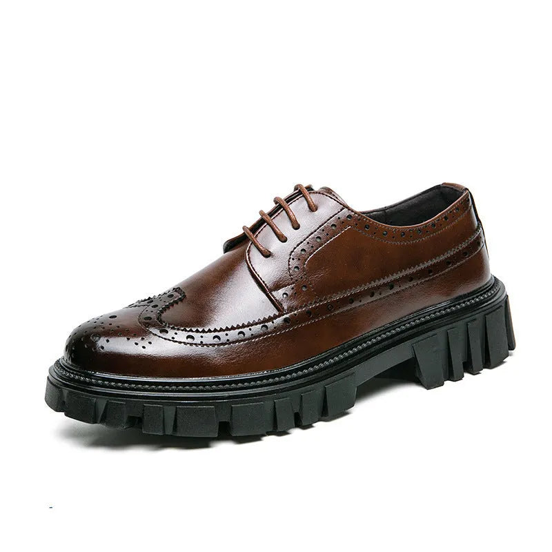 Men's black and brown brogue shoes with round toe design and artificial PU upper