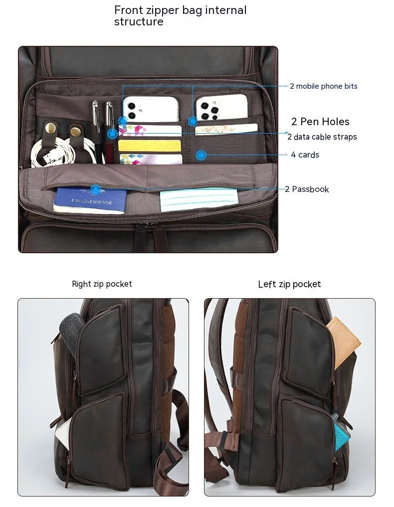 Dark brown retro leather backpack for men showing front view and open compartments.