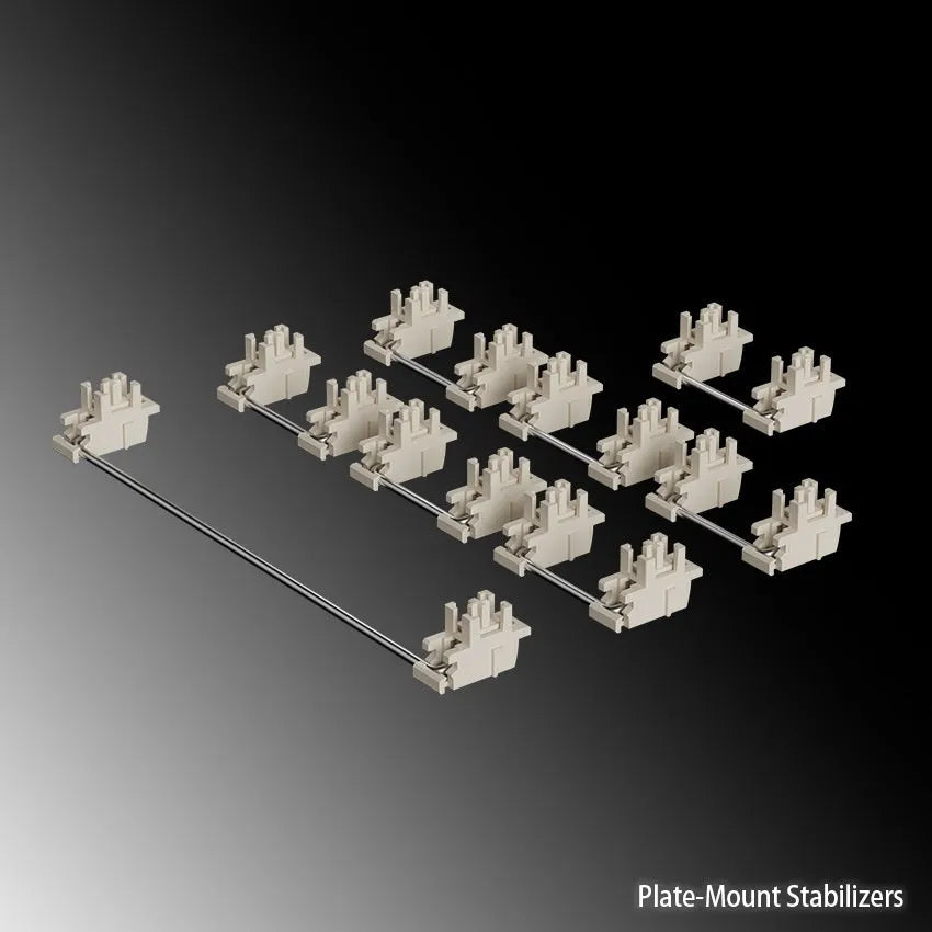 Keyboard stabiliser set with black and milky white 6.25U and 7U satellite axes for mechanical keyboard assembly