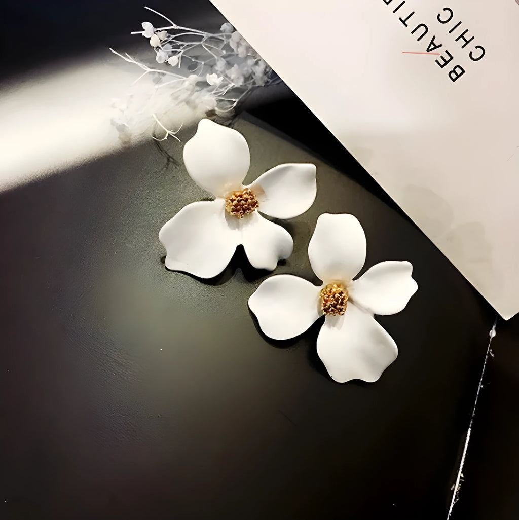 White and pink flower stud earrings for women with floral design