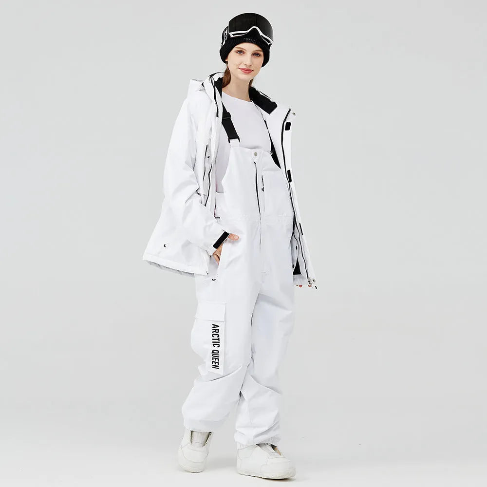 Men's and women's winter ski suit in blue top and black pants, waterproof and windproof for snow sports