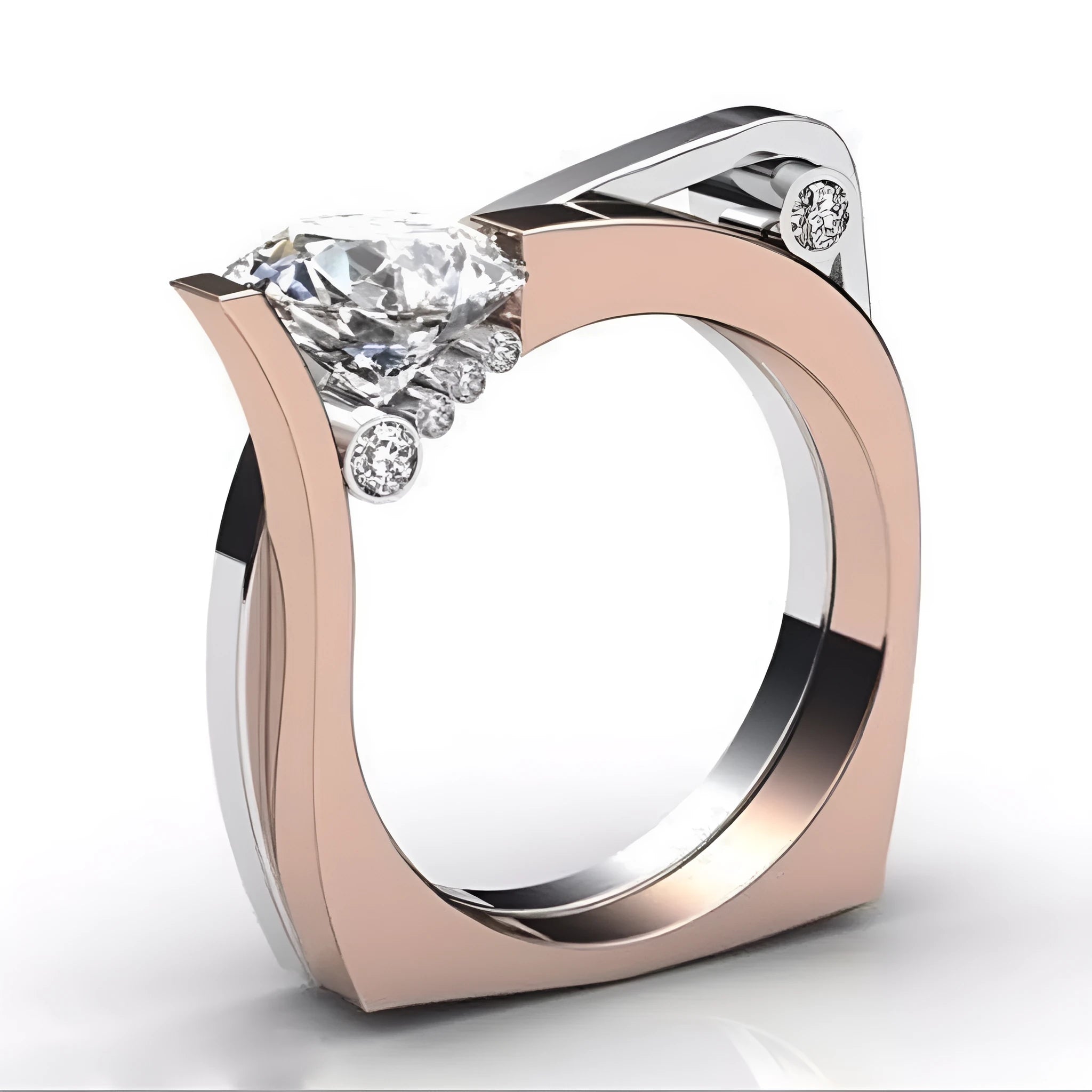 Rose gold geometric couple rings with zircon stone inlays on display