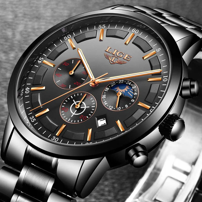 Men's waterproof quartz watch with moon phase display in black and rose gold colour option