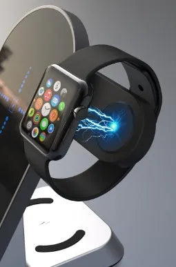 Black multifunctional alarm clock with wireless charging pad, digital display, and USB port.
