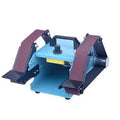Blue desktop dual-axis belt sander with a 750W motor and variable speed control for sharpening and sanding.