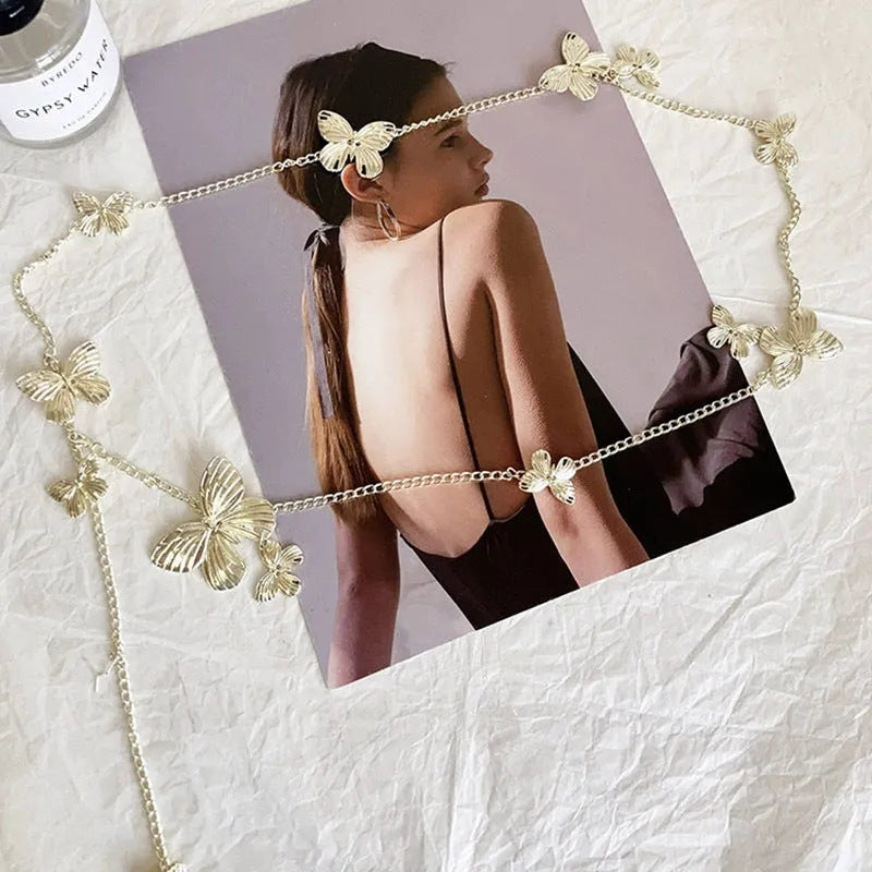 Gold or silver alloy butterfly waist chain showing 40cm decorative section on 104cm length