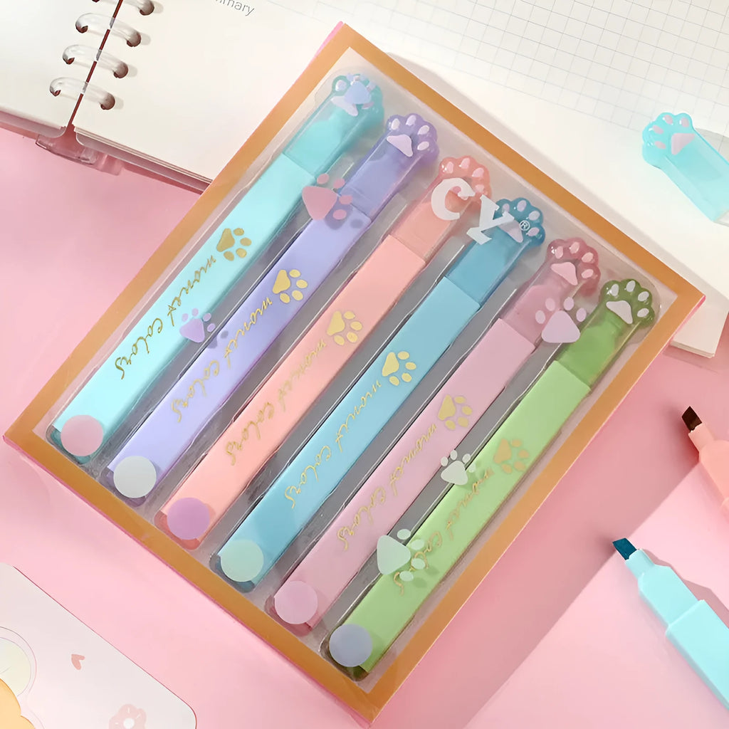 Box of six Cat's Paw fluorescent marking pens with oblique nibs, shown in assorted colours.