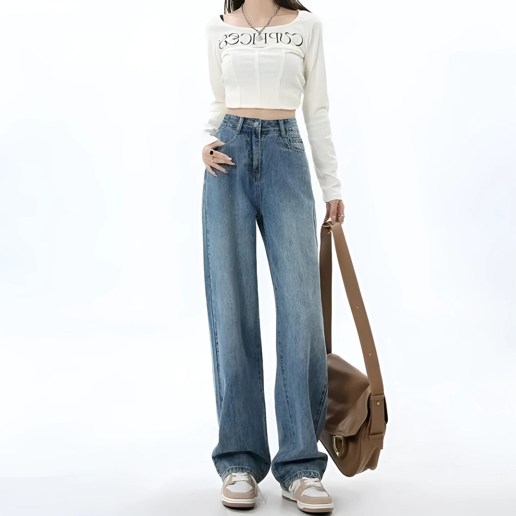 Women's retro blue wide leg jeans with high waist and straight leg design