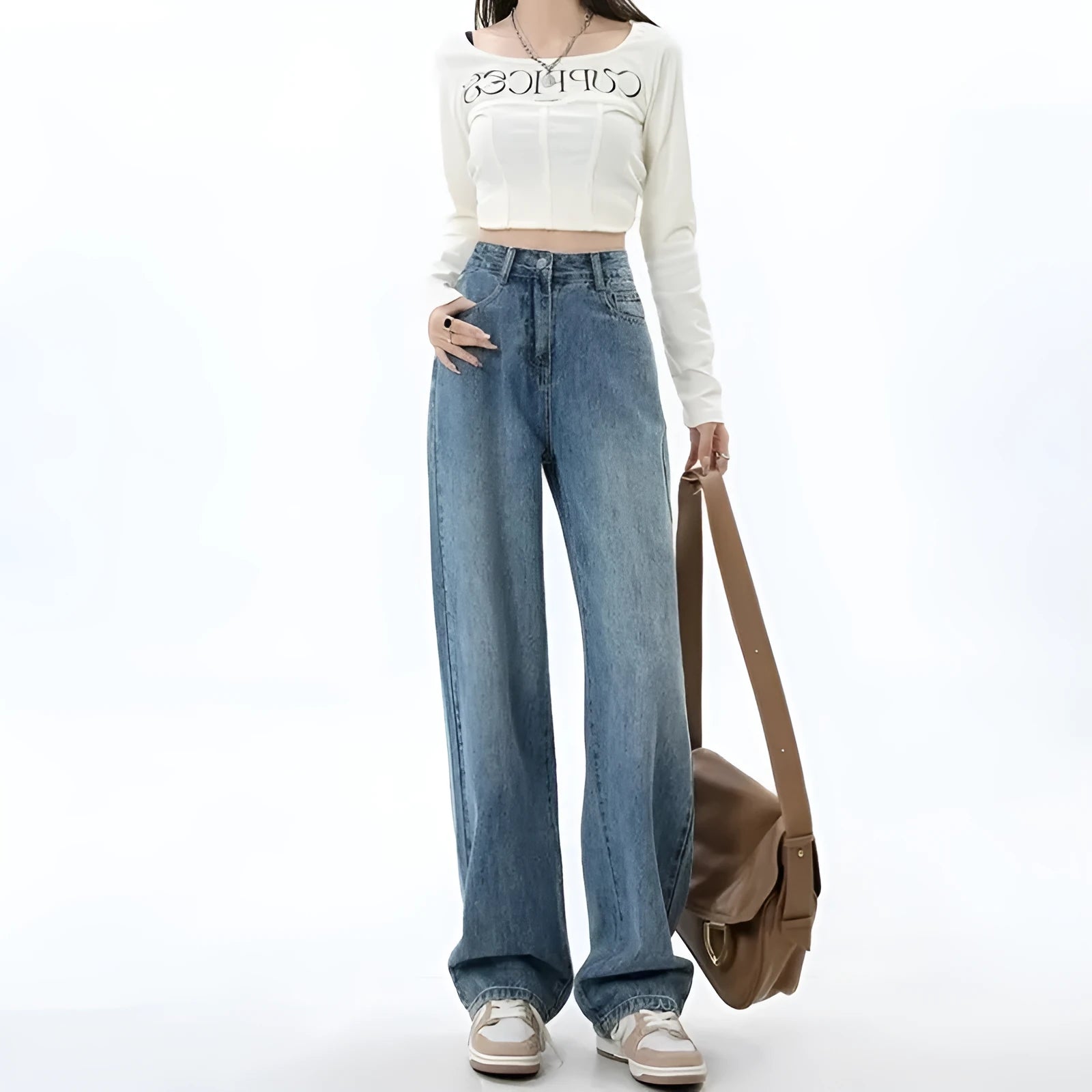 Women's retro blue wide leg jeans with high waist and straight leg design