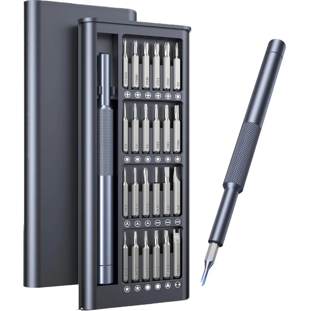 25-in-one magnetic precision screwdriver set with knurled ABS handle and chrome vanadium steel bits.