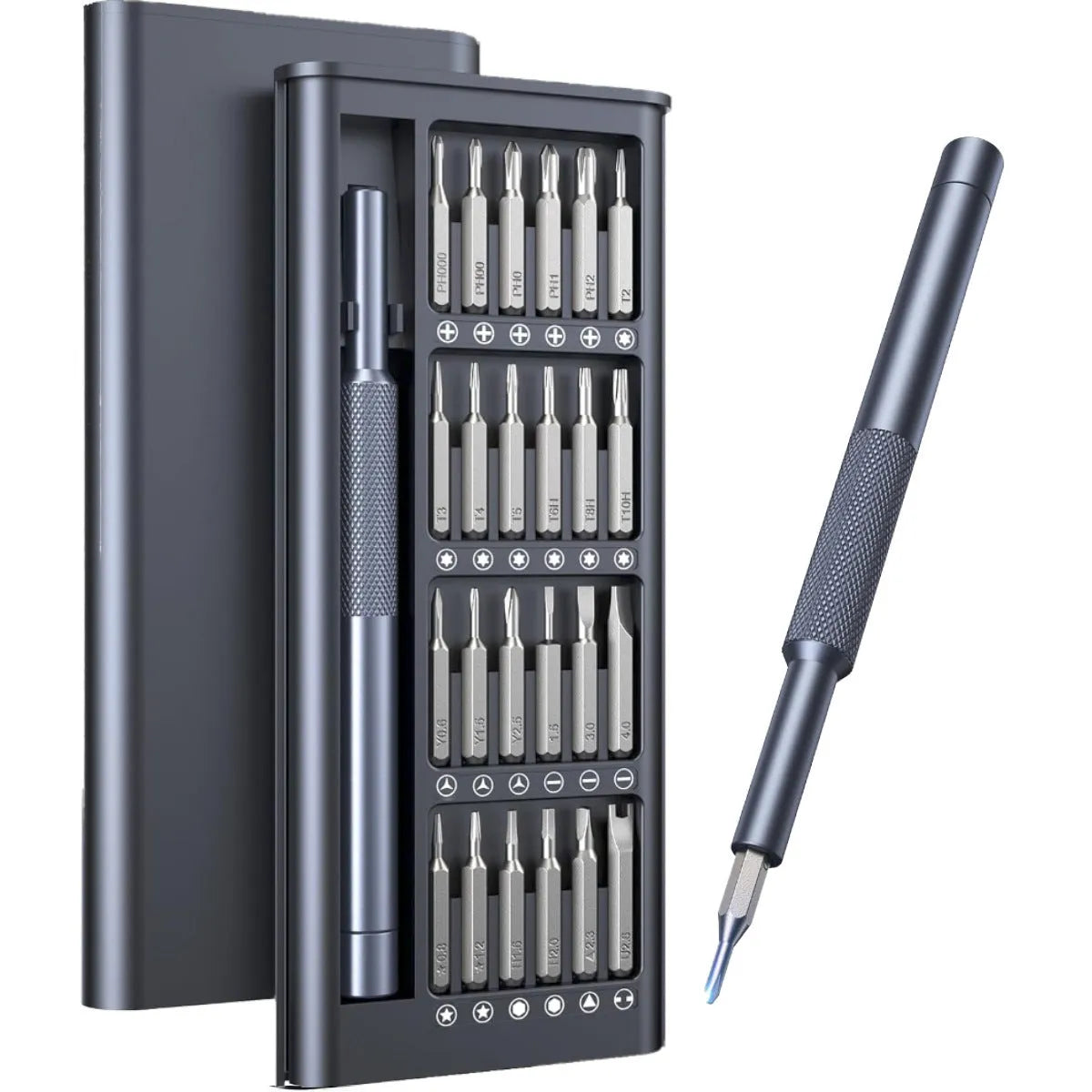 25-in-one magnetic precision screwdriver set with knurled ABS handle and chrome vanadium steel bits.