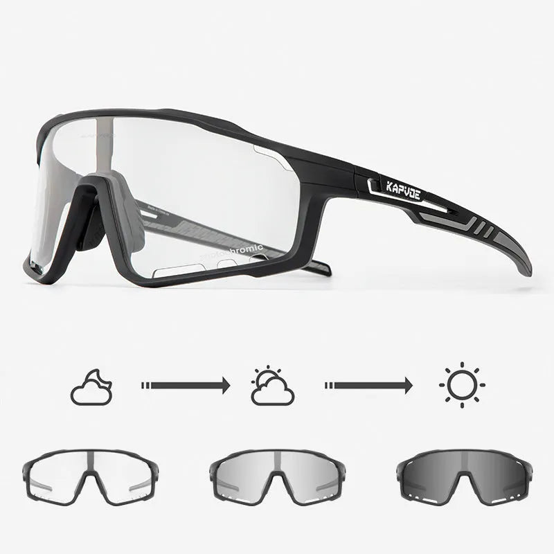 Photochromic cycling sunglasses with TR90 semi-rimless frame on a bicycle handlebar.