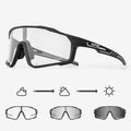 Photochromic cycling sunglasses with TR90 semi-rimless frame on a bicycle handlebar.