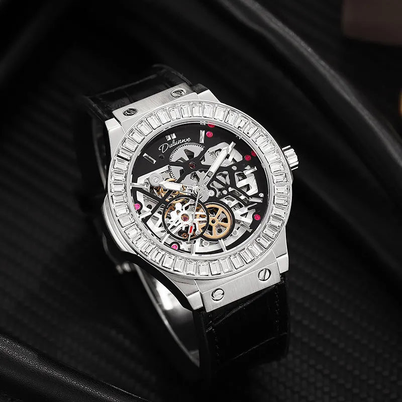 Automatic mechanical men's watch with diamond studded bezel showing hollow movement