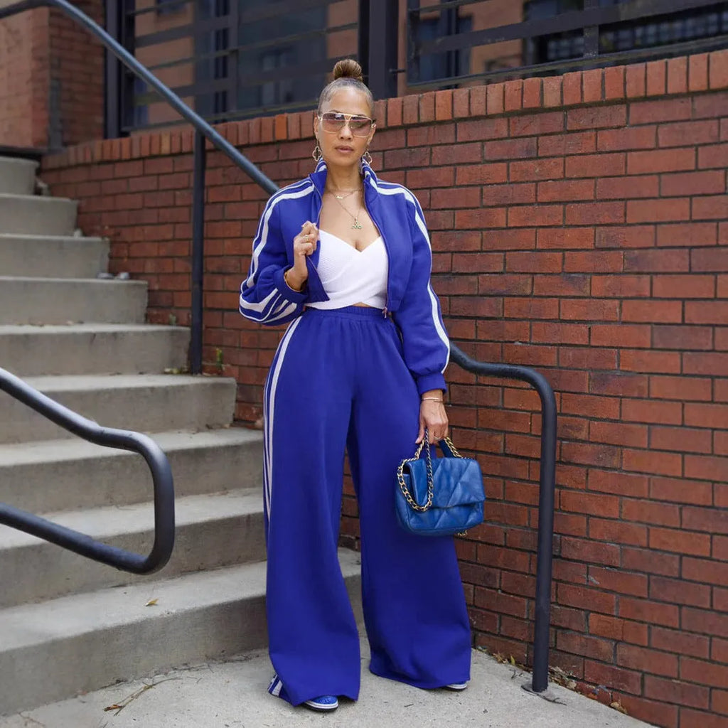 Striped street hipster two-piece suit set in polyester with zipper thickening sweater and matching trousers