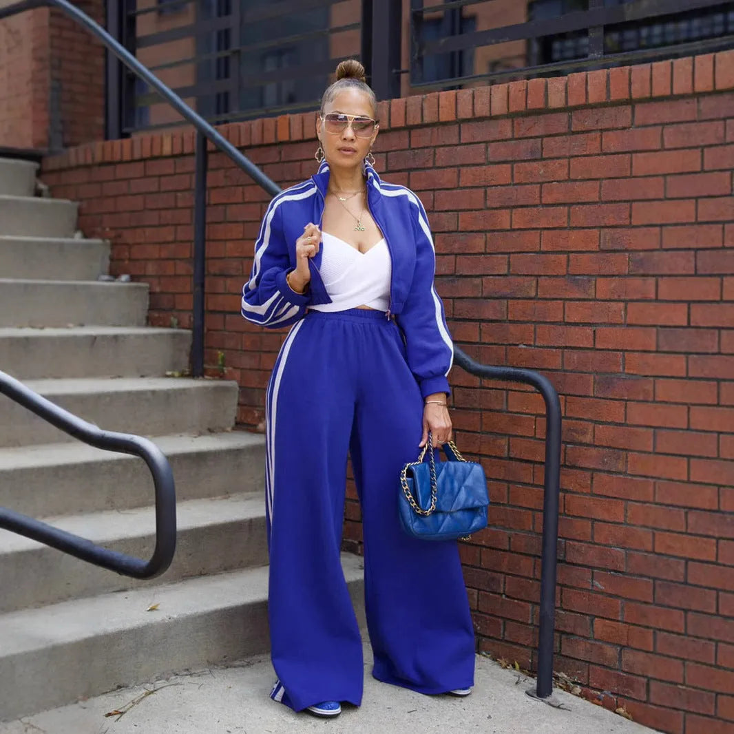 Striped street hipster two-piece suit set in polyester with zipper thickening sweater and matching trousers