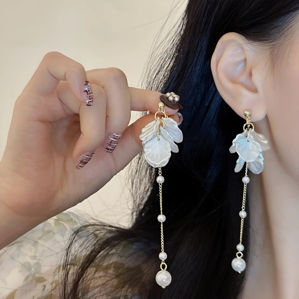 Acrylic shell pearl tassel earrings with 8.8cm length and multiple clip styles