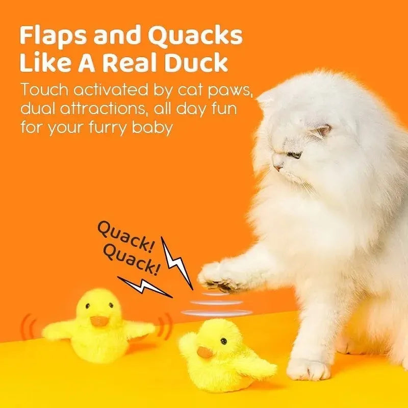 Yellow flapping duck electric cat toy with removable plush cover and USB charging cable