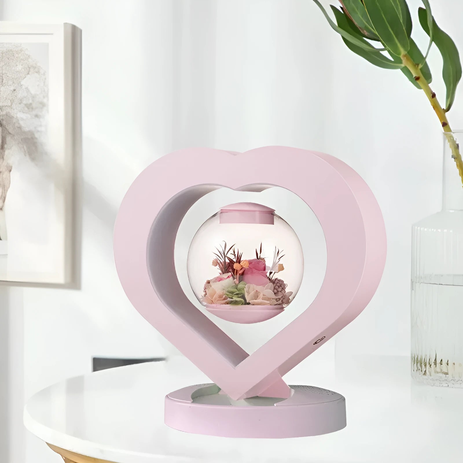 Pink preserved rose ornament with LED lights and optional audio Bluetooth base for birthday Valentine gifts