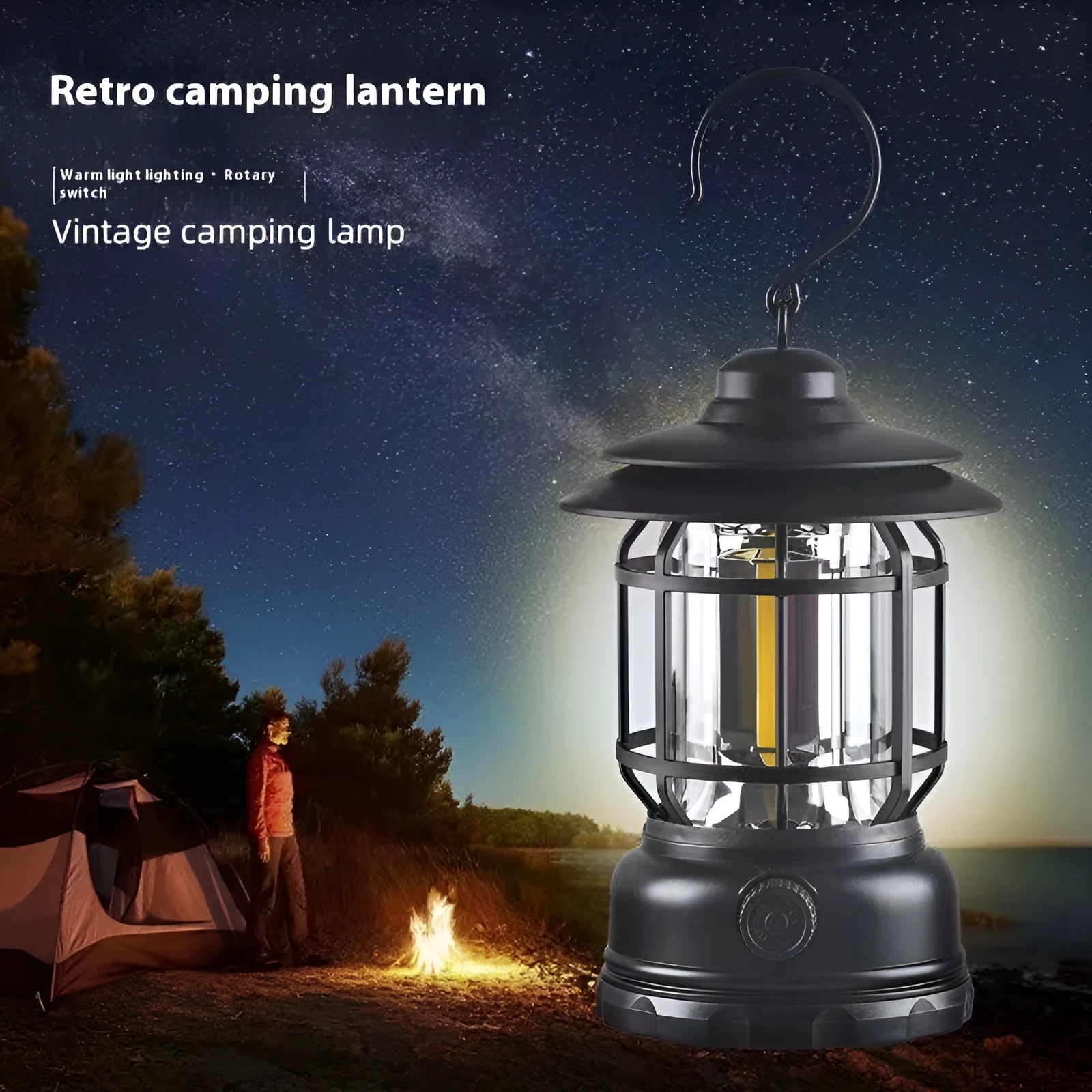 Dark green portable camping lantern with super bright light, shown with dimensions 16.6x6.7x9.6 cm.