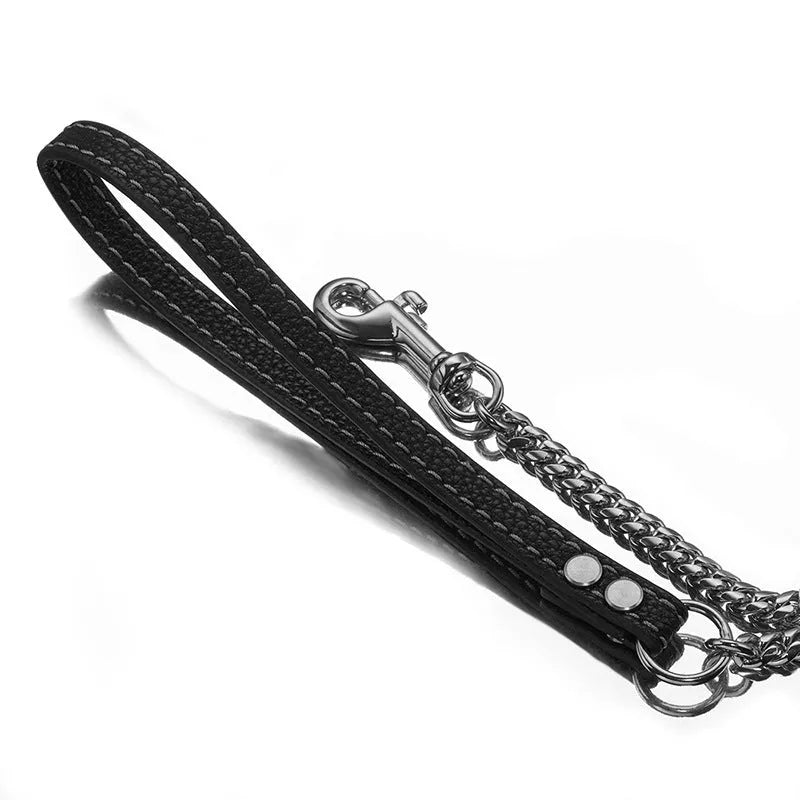 Stainless steel Cuban link chain dog hand holding rope with black leather in 10mm gold colour