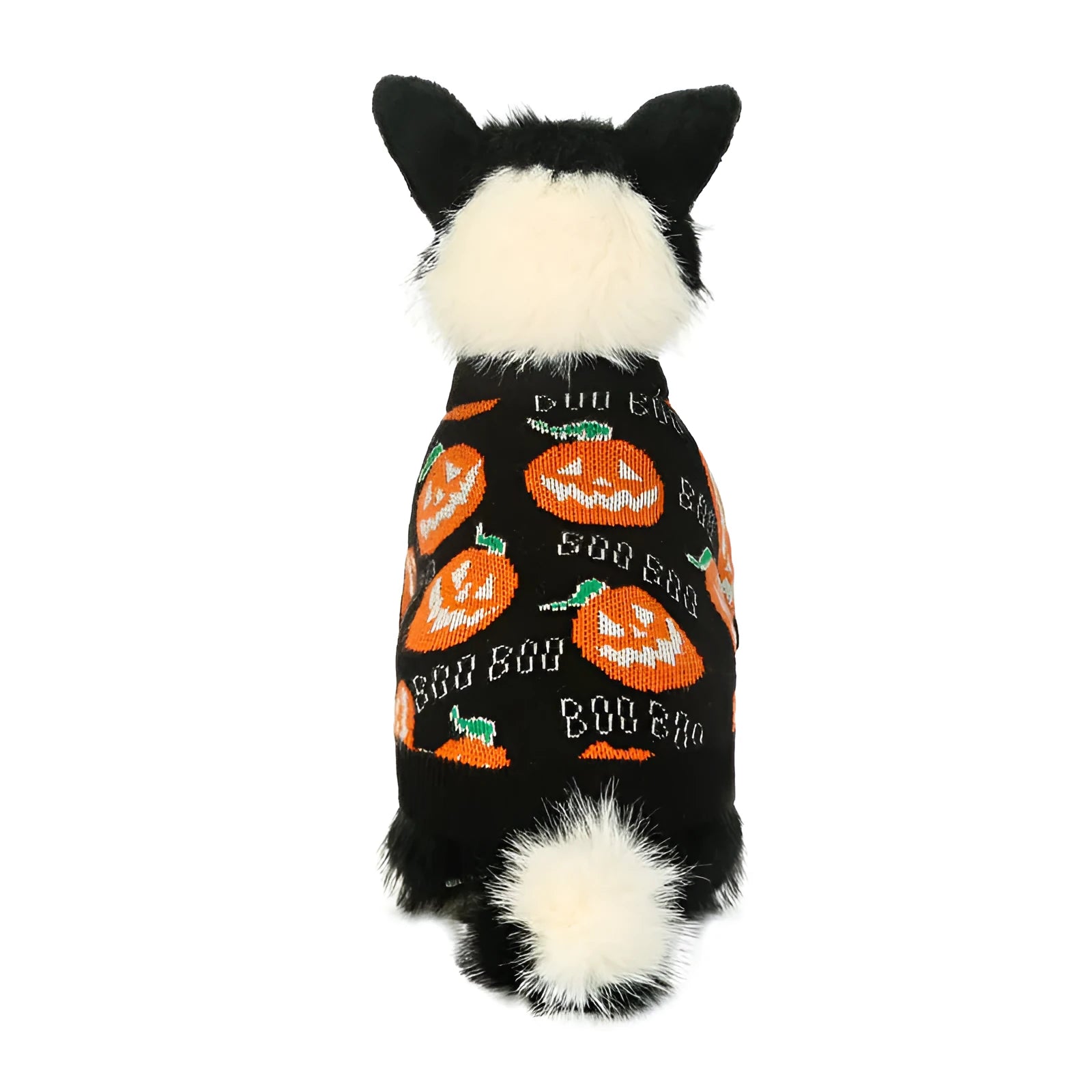Black dog sweater with orange pumpkin print, shown on a dog for Halloween.