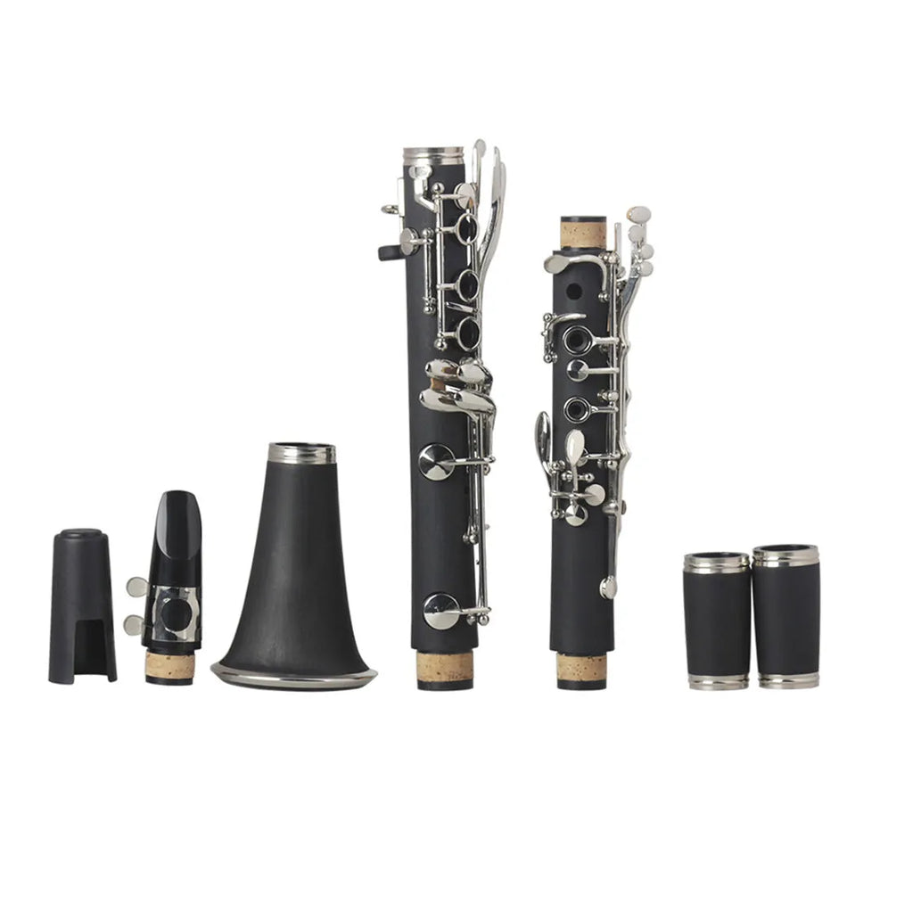 Black Bakelite clarinet with 17 nickel-plated keys and carrying case