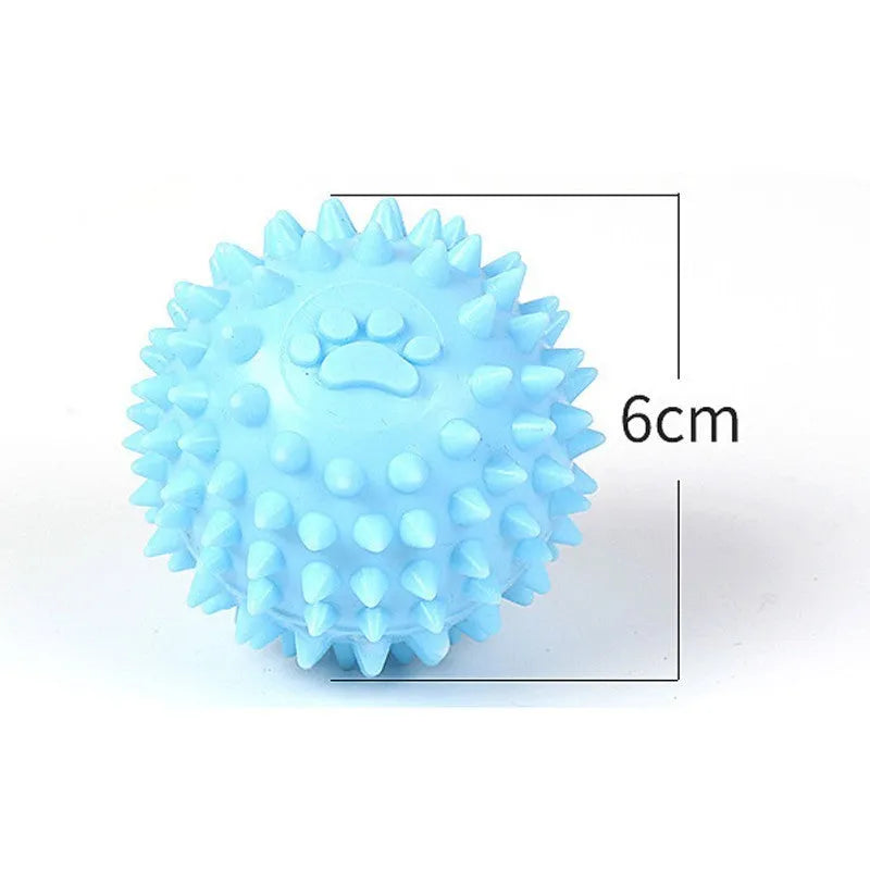 6cm diameter blue TPR pet chewing ball with textured sides for dental cleaning