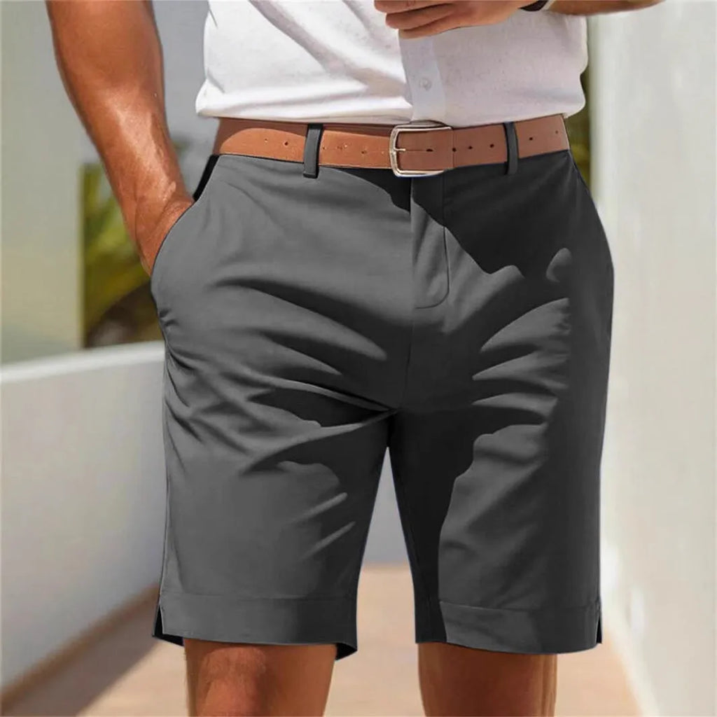 Men's light grey straight-leg business casual shorts made from polyester fabric.