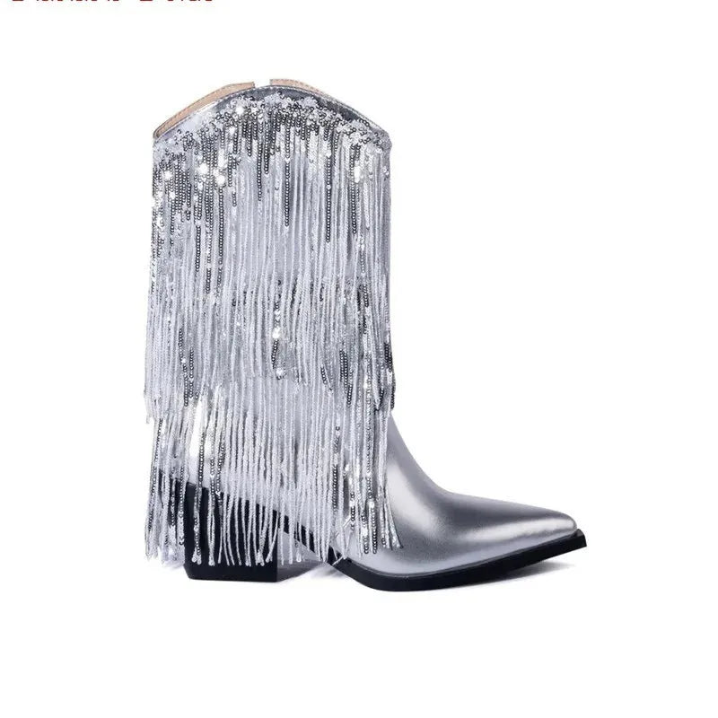 Women's black chunky heel ankle boots with tassel detailing and a high stiletto heel.