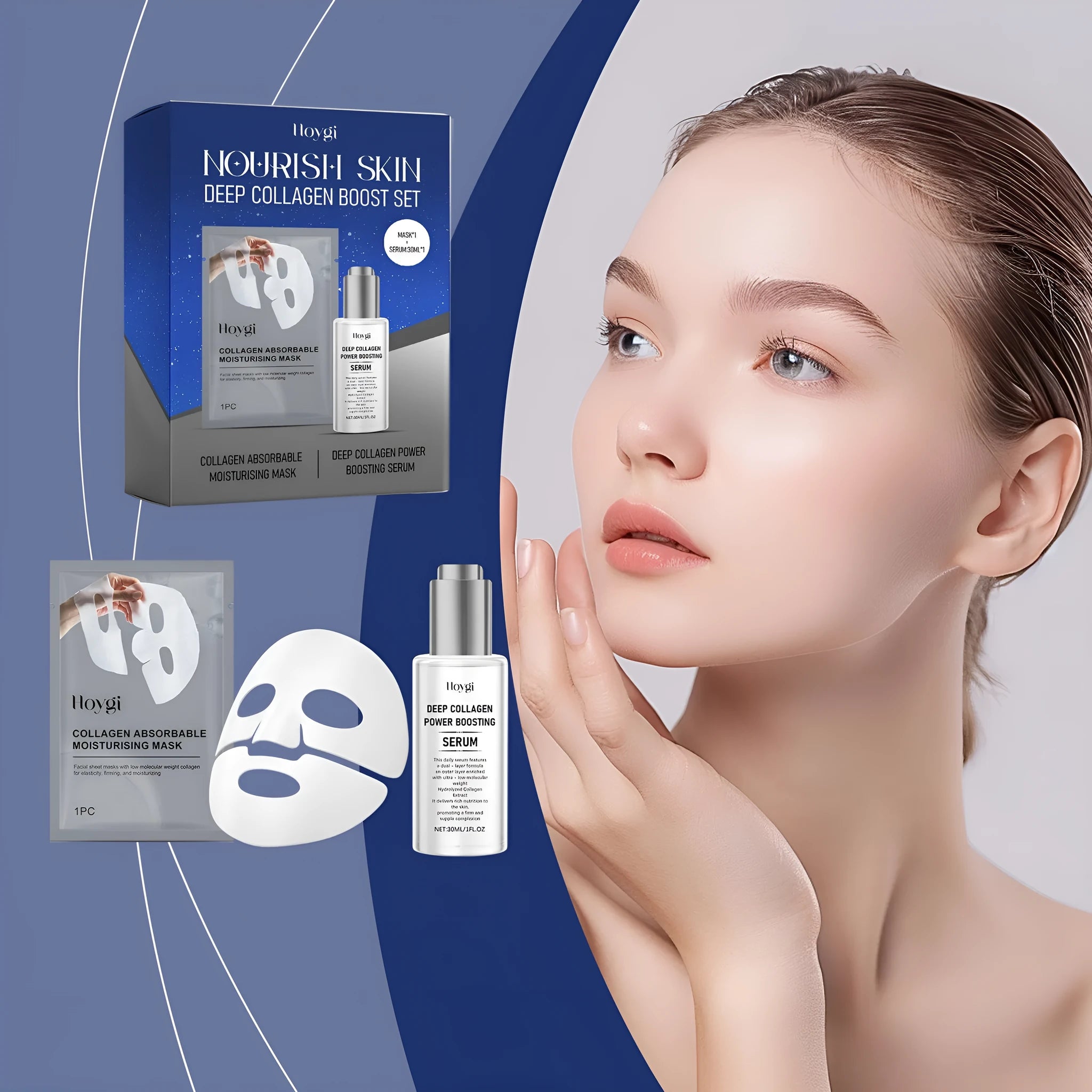 Collagen moisturising suit showing gentle facial mask and 30ml essence bottle